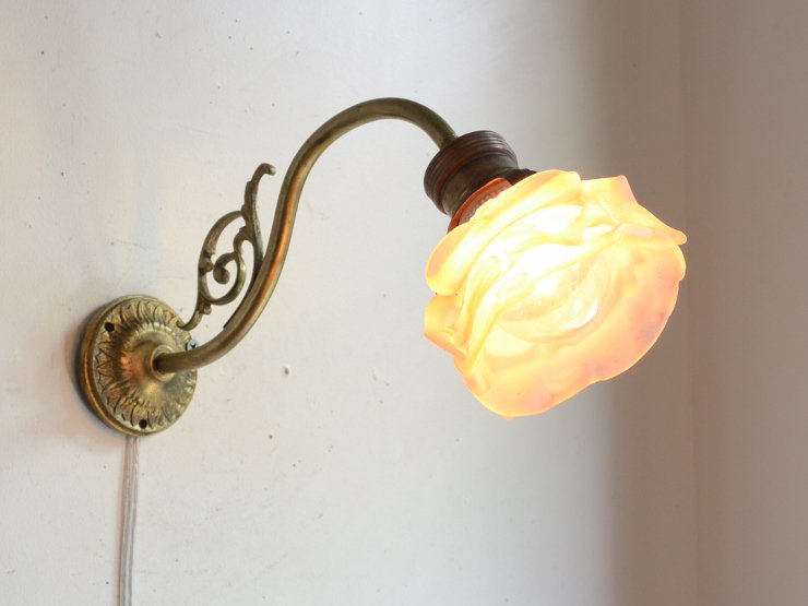 真鍮 アンティーク レトロ フラワー ガラス シェード ランプ セット+