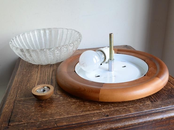 ヴィンテージ ガラス 木製シーリングライト｜アンティーク照明