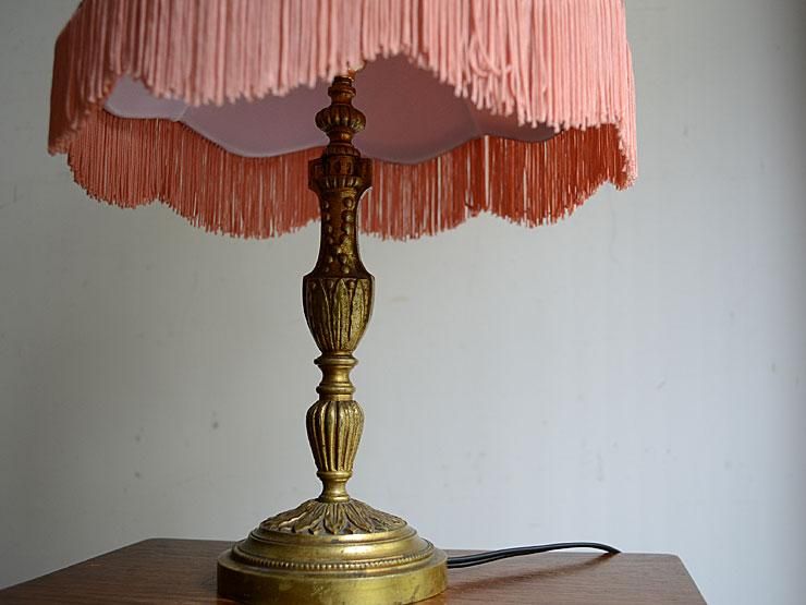 フリンジ付ピンクシェード 真鍮テーブルランプ｜アンティーク