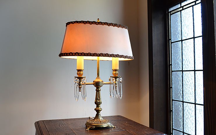 シェード付 クリスタルガラス2灯真鍮テーブルランプ（H42cm）｜アンティーク照明・ランプ｜CHELSEA antique