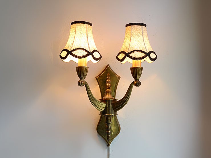 シェード付 真鍮製 2灯ウォールランプ｜アンティーク照明・ランプ
