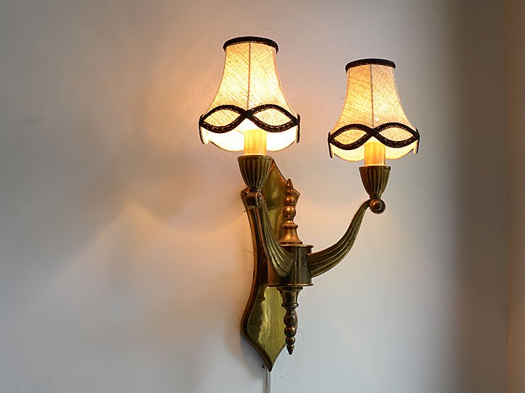 シェード付 真鍮製 2灯ウォールランプ｜アンティーク照明・ランプ 