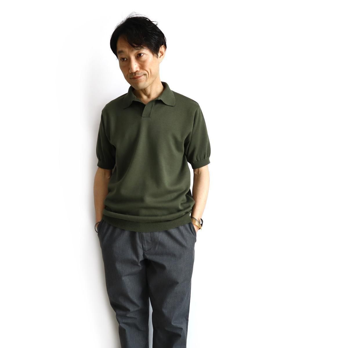 FUJITO（フジト）ニット スキッパーポロ（オリーブグリーン