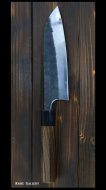 弥氏 良寛 Yoshihiro Yauji 三徳包丁（165mm) 片刃 白紙鋼 墨流 ダマスカス 槌目 紫檀八角柄　　