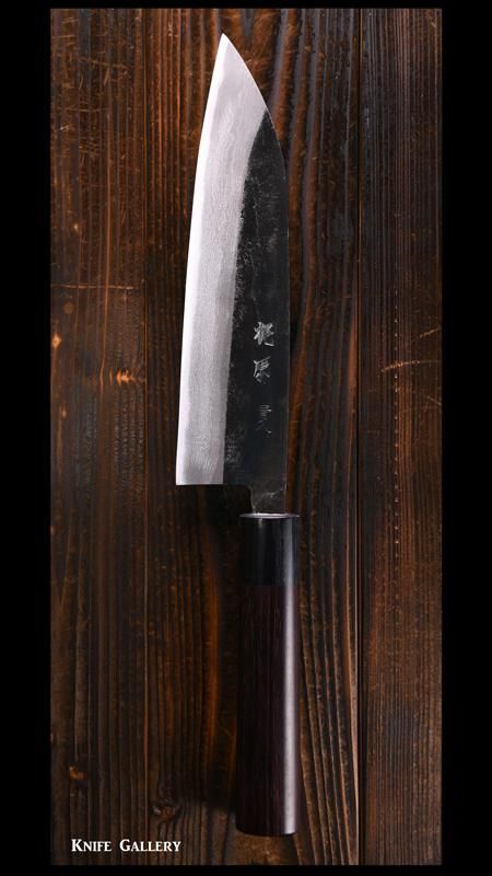 梶原務】作 牛刀包丁(180ｍｍ） 手造鍛造 青紙二号鋼 黒打 墨流 紫檀丸柄