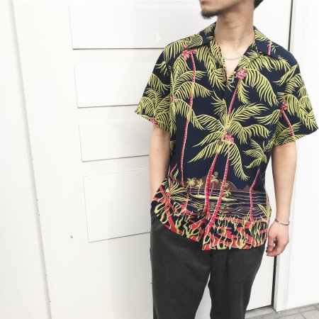 WACKO MARIA 2018SS Palms Tree S/S Hawaiian Shirt ワコマリア パームツリーショートスリーブハワイアンシャツ アロハ 半袖 オープンカラー ヤシの木 総柄 ネイビー サイズL【230921】【-A】【me04】