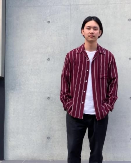 WACKO MARIA (ワコマリア) STRIPED OPEN COLLAR SHIRT L/S (ストライプオープンカラーシャツ) BURGUNDY