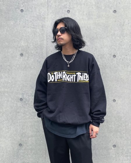 DELUXE (デラックス) Do the right thing × DELUXE CREW (ダメージ加工クルーネックスウェット) BLACK