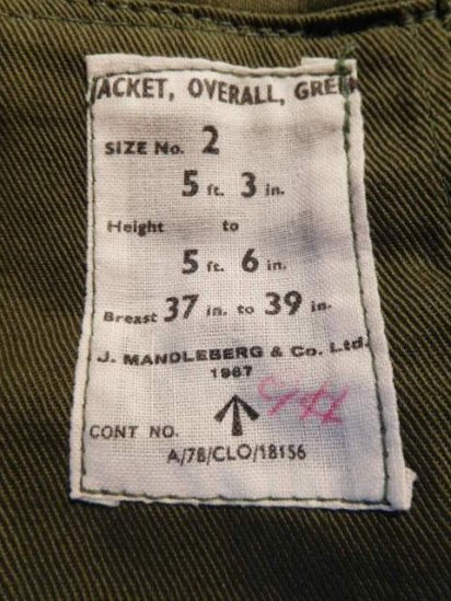 60's Vintage British Army Jacket Overall Green Size 2 /C