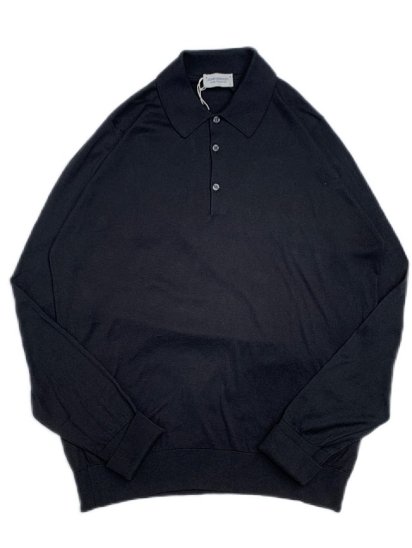 John Smedley Sea Island Cotton Knit 30G L/S Polo Shirts "Finchley" Made in England Black