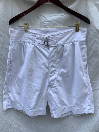 50's Vintage Royal Navy Front W Buckle White Drill Shorts (Size : W34)