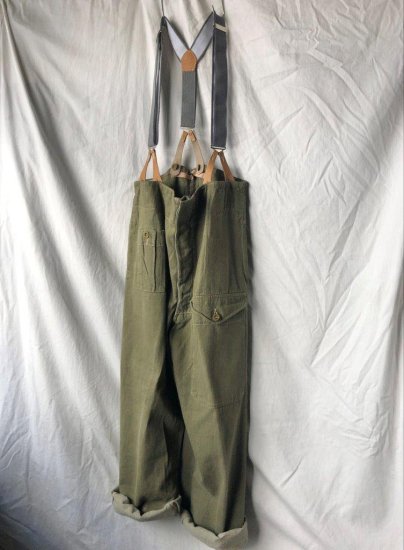 50's~ Vintage British Army Green Denim Over Trousers with BracesSize: 3630)