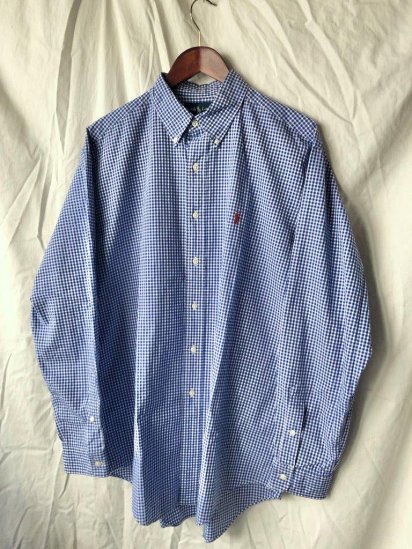 <img class='new_mark_img1' src='https://img.shop-pro.jp/img/new/icons50.gif' style='border:none;display:inline;margin:0px;padding:0px;width:auto;' />Old Ralph Lauren BlueWhite Gingham Check Broad Buttton Down Shirts (Size : L)