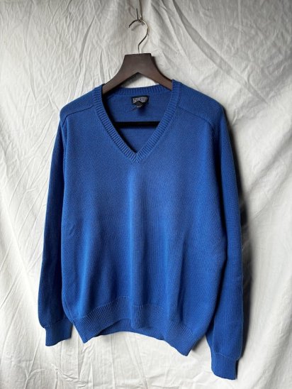 90's Vintage Lands' End 100% Cotton V-Neck "Drifter Sweater" Made in U.S.A / Cobalt Bule (Size ：XL) 