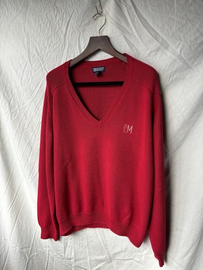 90's Vintage Lands' End 100% Cotton V-Neck "Drifter Sweater" Made in U.S.A / Red (Size ：XL) 