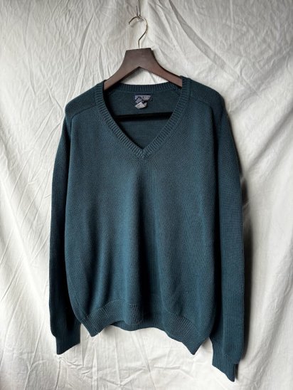 90's Vintage Lands' End 100% Cotton V-Neck "Drifter Sweater" Made in U.S.A / Green (Size ：XL) 