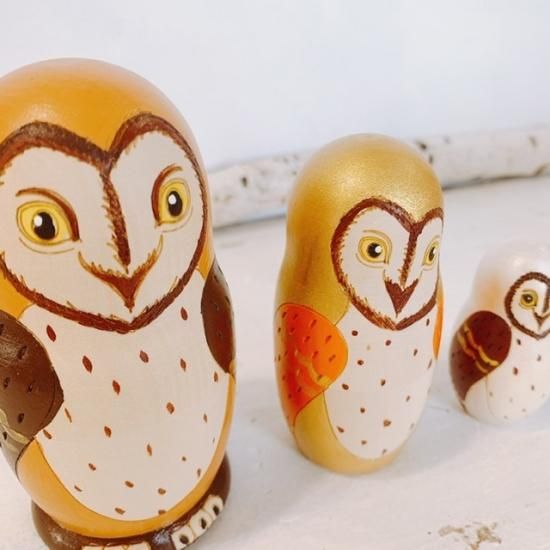 ロシア雑貨☆ウッドバーニング フクロウ マトリョーシカ(5P)ミラ作