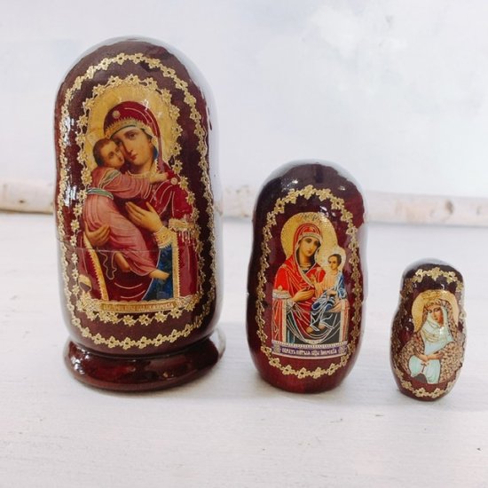 3ピース　ロシア正教・イコンのマトリョーシカ[Vladimir Mother of God]　(6) 12cm - ロシア雑貨やるまるか