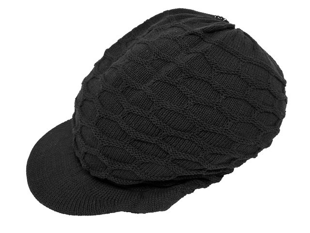ドレッドヘア用 コットンニットつば付き帽子 ブロック編み （L~XL）黒