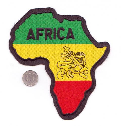 ショッピング AFRICA文字入りライオン柄アフリカ地図型 特大ワッペン
